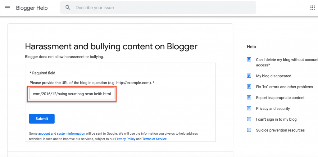 Remove Harassment Blogspot Post