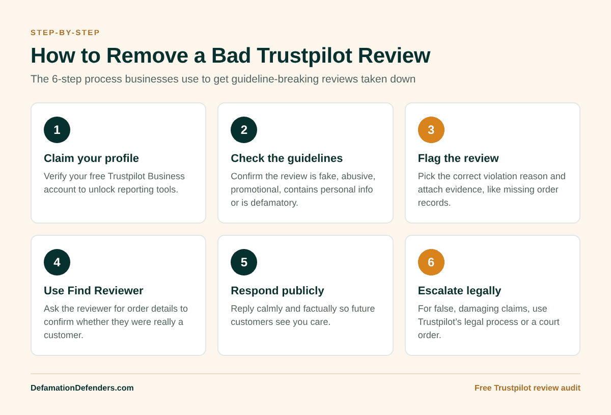 Six steps to remove a bad Trustpilot review: claim your profile, check the guidelines, flag the review, use Find Reviewer, respond publicly, and escalate legally