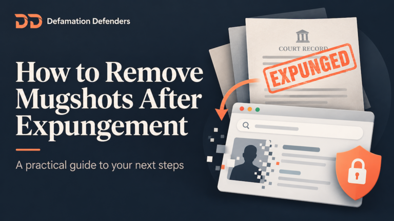 Mugshot removal after expungement illustrated by an expunged court record, a fading online mugshot, and a privacy shield.
