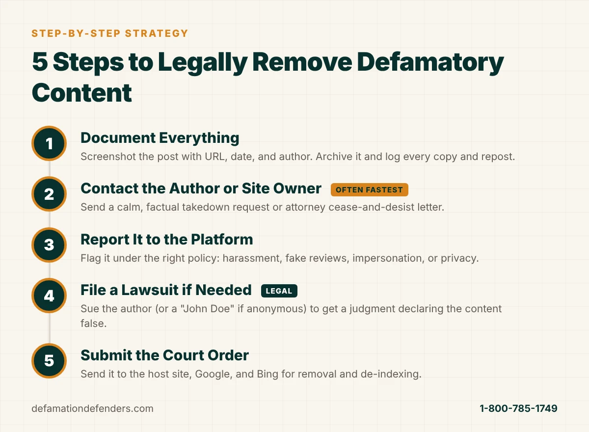 Infographic: 5 steps to legally remove defamatory content, from documenting evidence to submitting a court order to Google