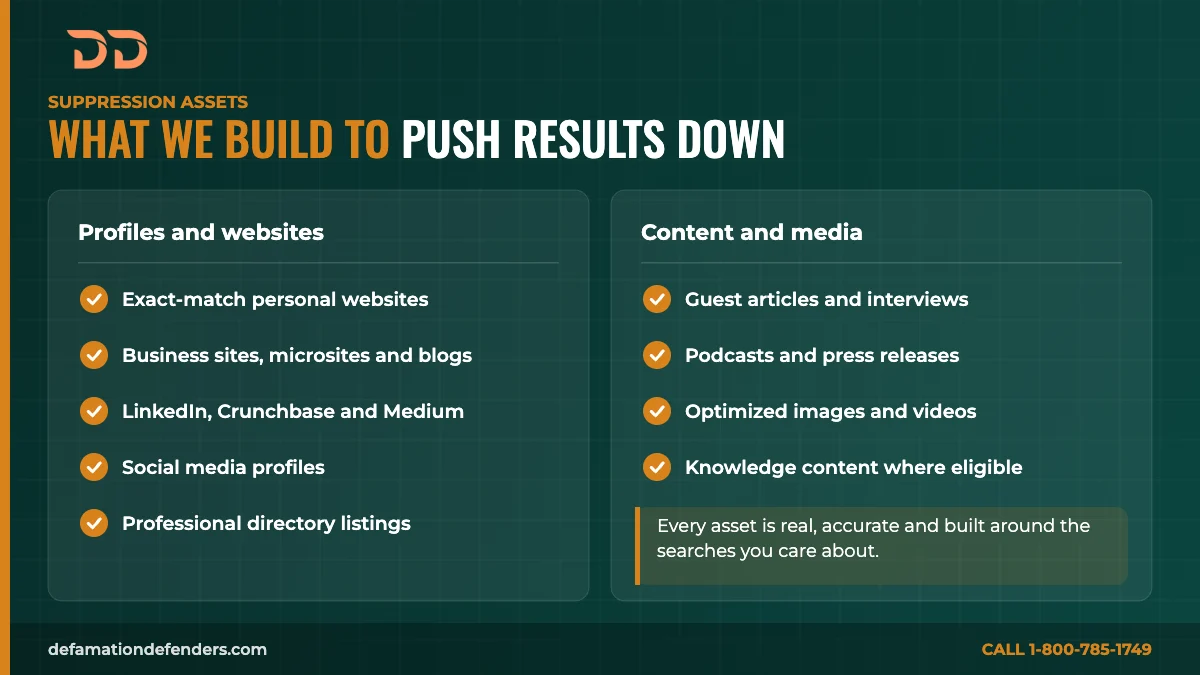 Infographic of assets used to suppress negative search results, including personal websites, LinkedIn and social profiles, guest articles, press releases and optimized videos