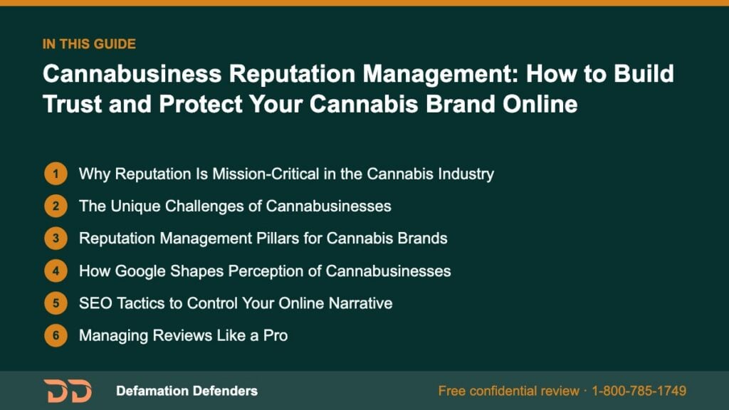What this guide covers: Why Reputation Is Mission-Critical in the Cannabis Industry, The Unique Challenges of Cannabusinesses, Reputation Management P