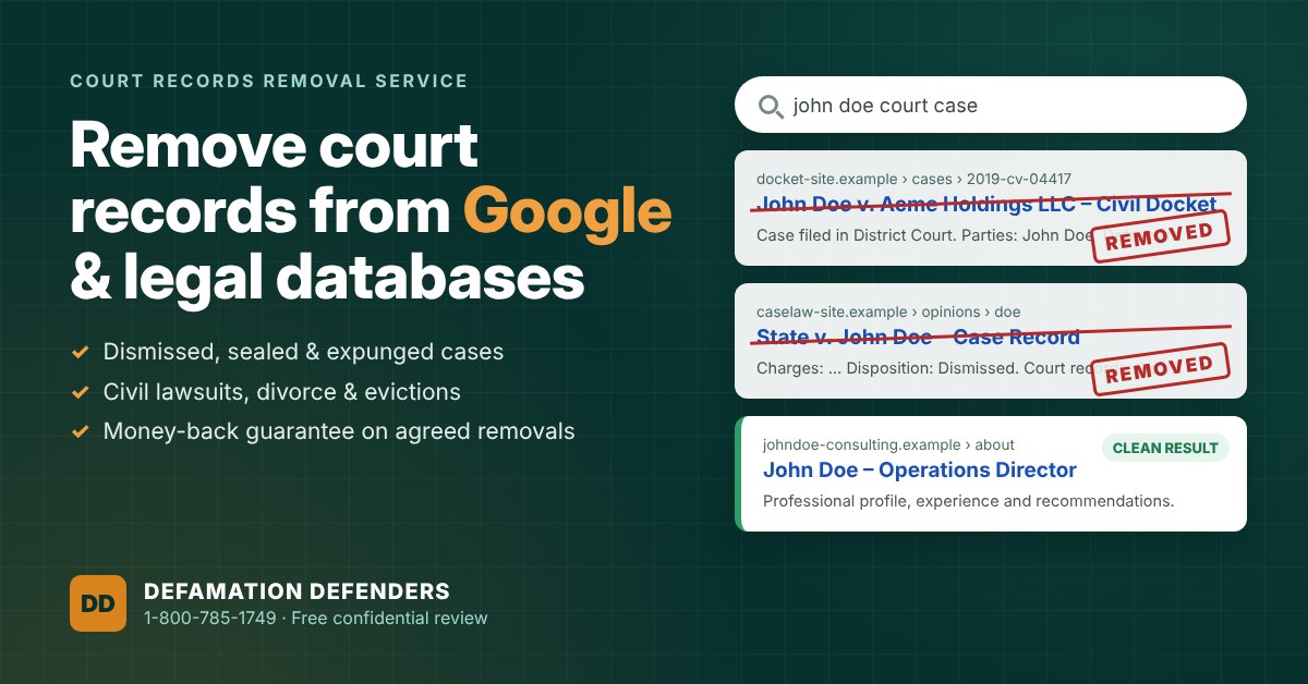 Illustration of court case listings in search results and an online reputation review