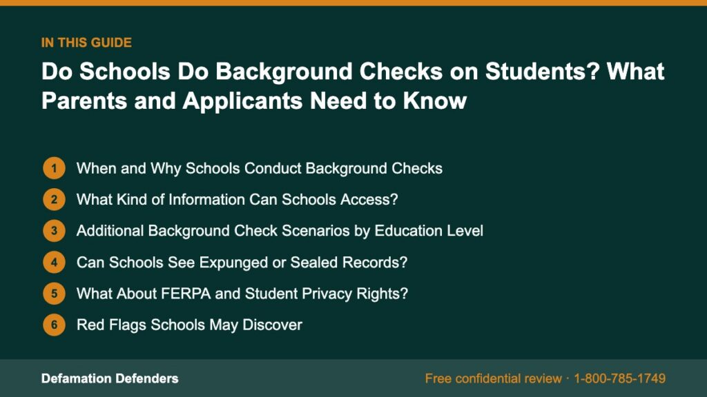 What this guide covers: When and Why Schools Conduct Background Checks, What Kind of Information Can Schools Access?, Additional Background Check Scen