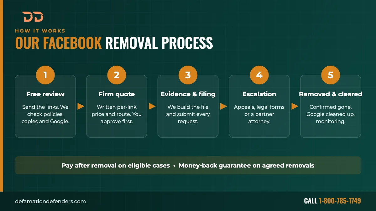 Defamation Defenders Facebook removal process in 5 steps: free review, firm quote, evidence and filing, escalation, removed and cleared