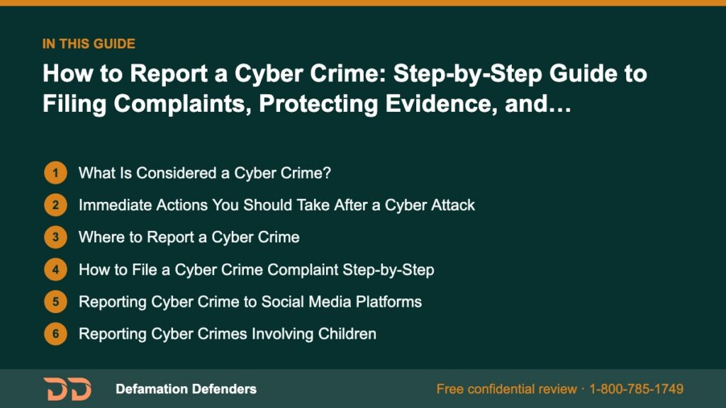 What this guide covers: What Is Considered a Cyber Crime?, Immediate Actions You Should Take After a Cyber Attack, Where to Report a Cyber Crime