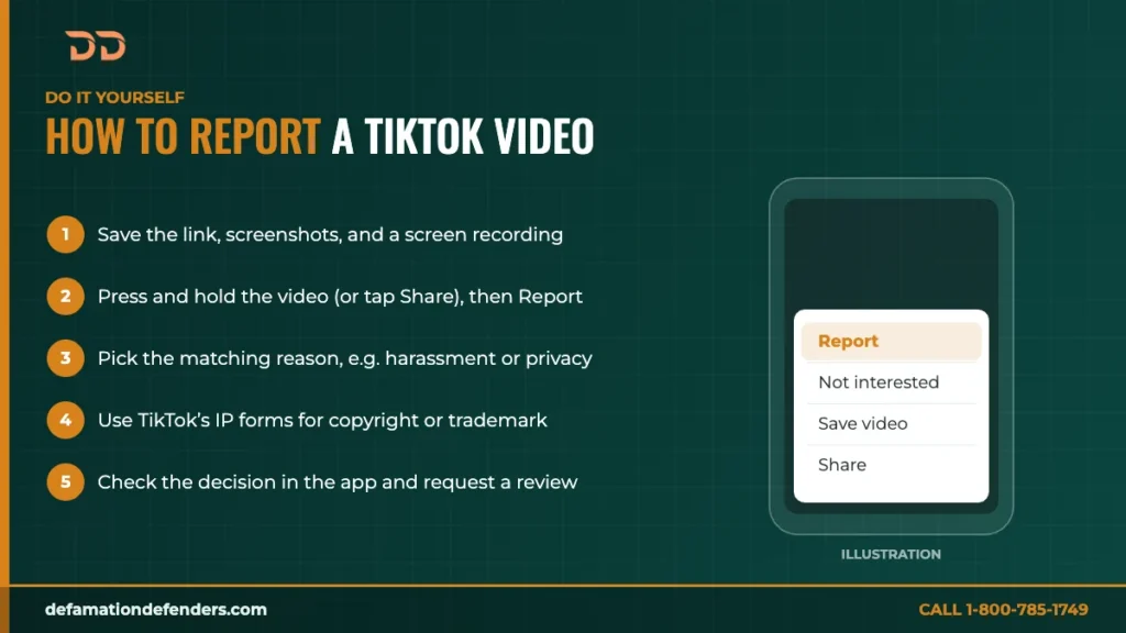 How to report a TikTok video: save evidence, press and hold the video, tap Report, choose the right reason, and request a review