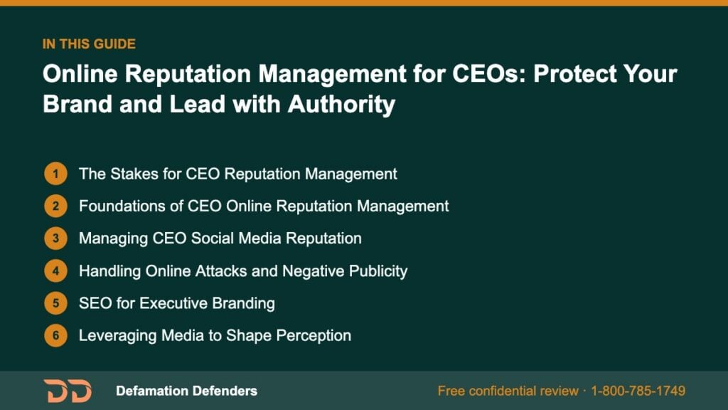 What this guide covers: The Stakes for CEO Reputation Management, Foundations of CEO Online Reputation Management, Managing CEO Social Media Reputatio