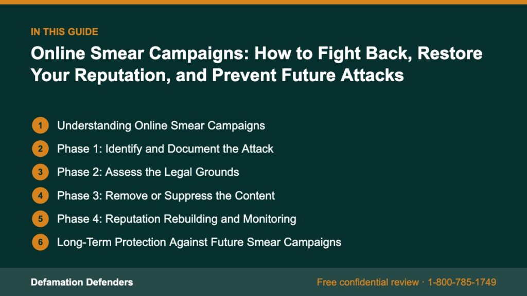 What this guide covers: Understanding Online Smear Campaigns, Phase 1: Identify and Document the Attack, Phase 2: Assess the Legal Grounds