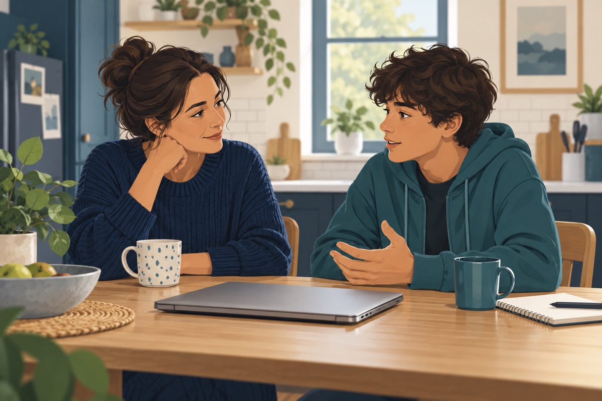 Illustration of a parent and teenager discussing online safety beside a closed laptop