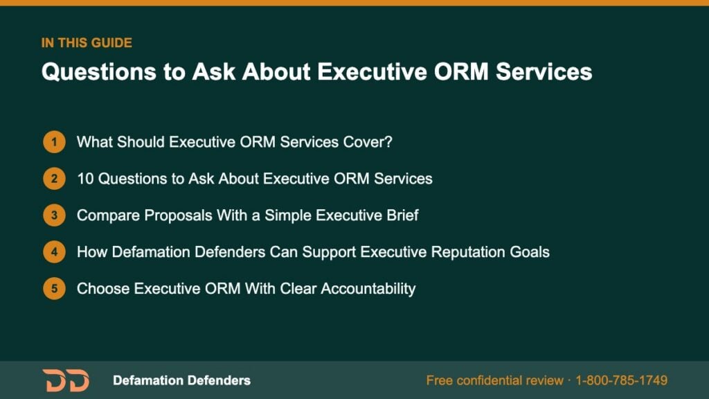 What this guide covers: What Should Executive ORM Services Cover?, 10 Questions to Ask About Executive ORM Services, Compare Proposals With a Simple E
