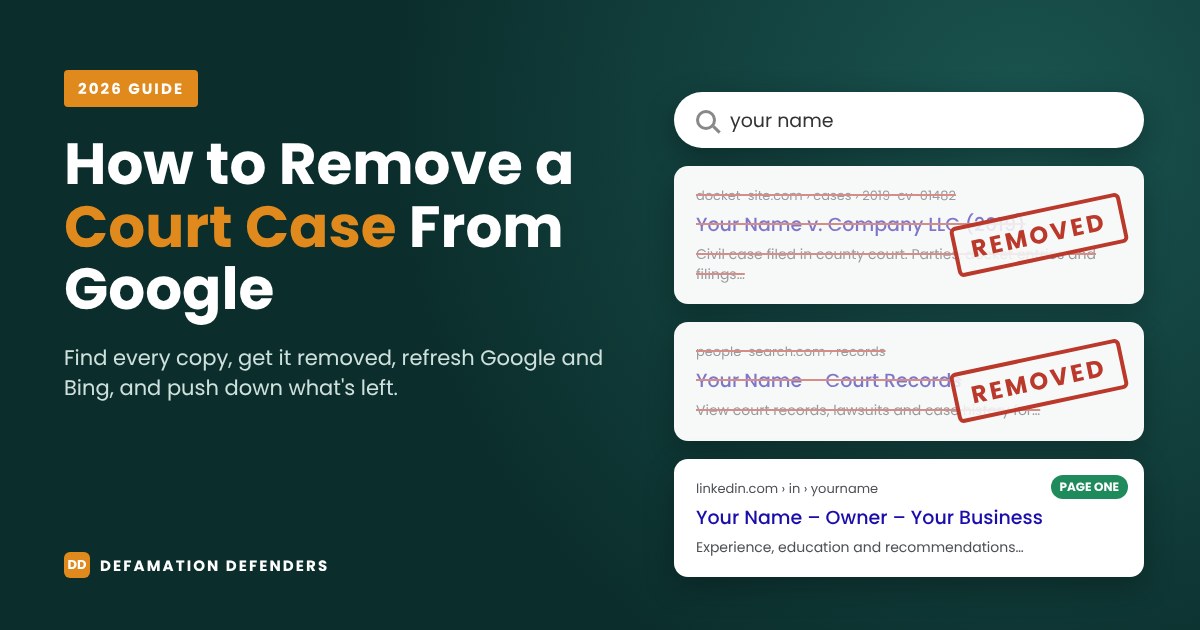 How to remove a court case from Google: search results showing court record pages removed and a positive profile on page one