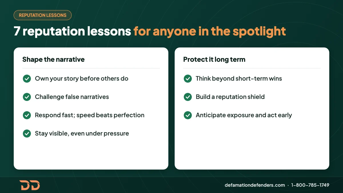 Infographic of 7 reputation management lessons: own your story, challenge false narratives, respond fast, stay visible, think long term, build a reputation shield and anticipate exposure