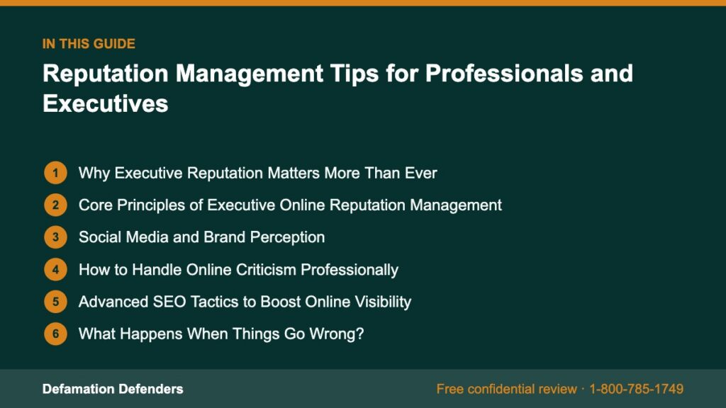 What this guide covers: Why Executive Reputation Matters More Than Ever, Core Principles of Executive Online Reputation Management, Social Media and B