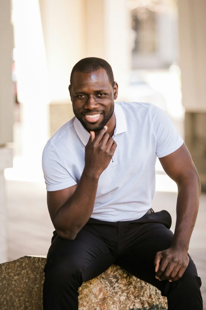Smiling man in a white t-shirt