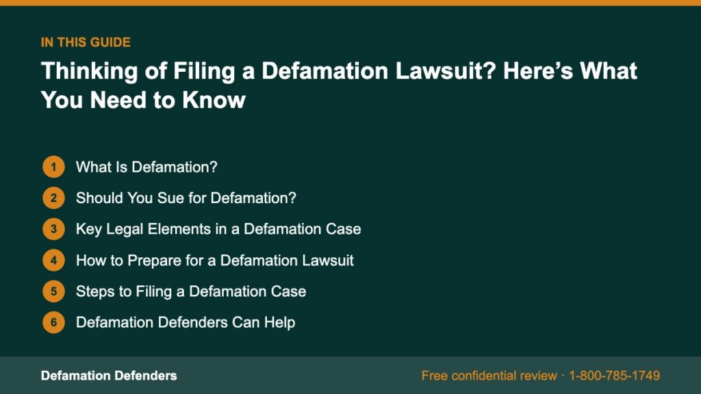 What this guide covers: What Is Defamation?, Should You Sue for Defamation?, Key Legal Elements in a Defamation Case