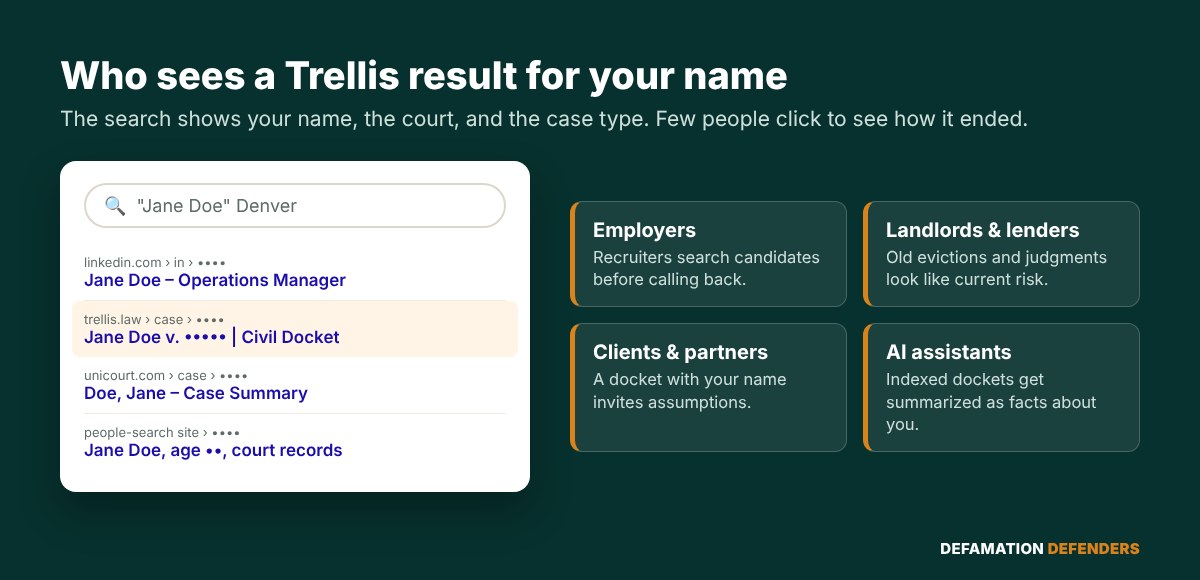 Google search for a name showing a Trellis Law civil docket result, seen by employers, landlords, lenders, clients, and AI assistants