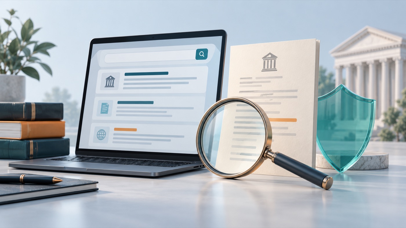 Illustration of a legal document, search results, a magnifying glass, and a teal privacy shield.