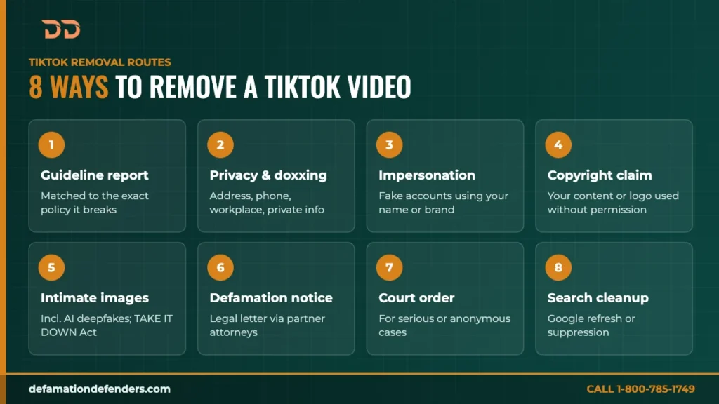 8 ways to remove a TikTok video: guideline reports, privacy and doxxing, impersonation, copyright claims, intimate images, defamation notices, court orders, and search cleanup