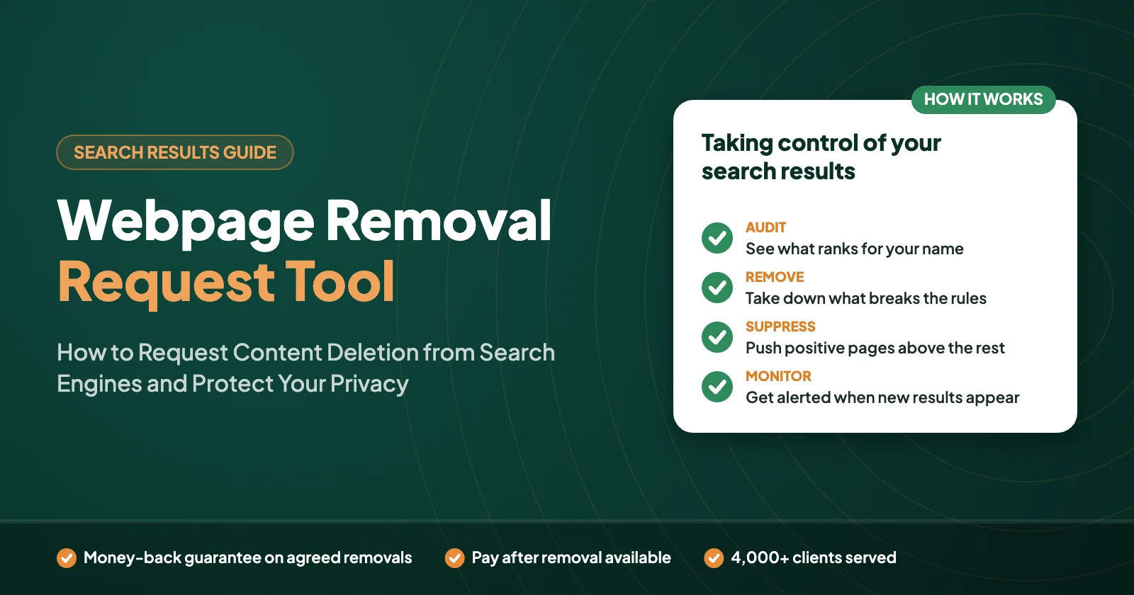Webpage Removal Request Tool: How to Request Content Deletion from Search Engines and Protect Your Privacy – Defamation Defenders guide graphic