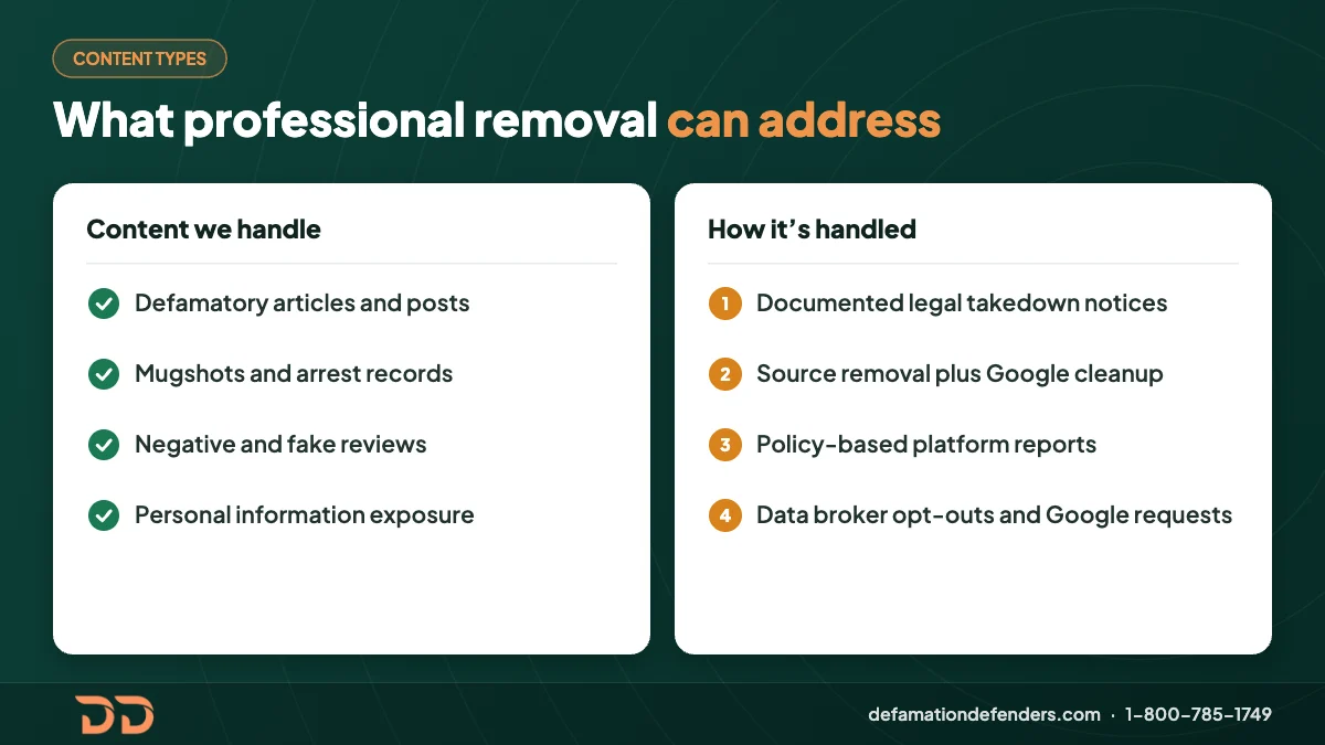 Infographic of content professional removal services handle, including defamatory posts, mugshots, fake reviews and personal information, and how each is handled